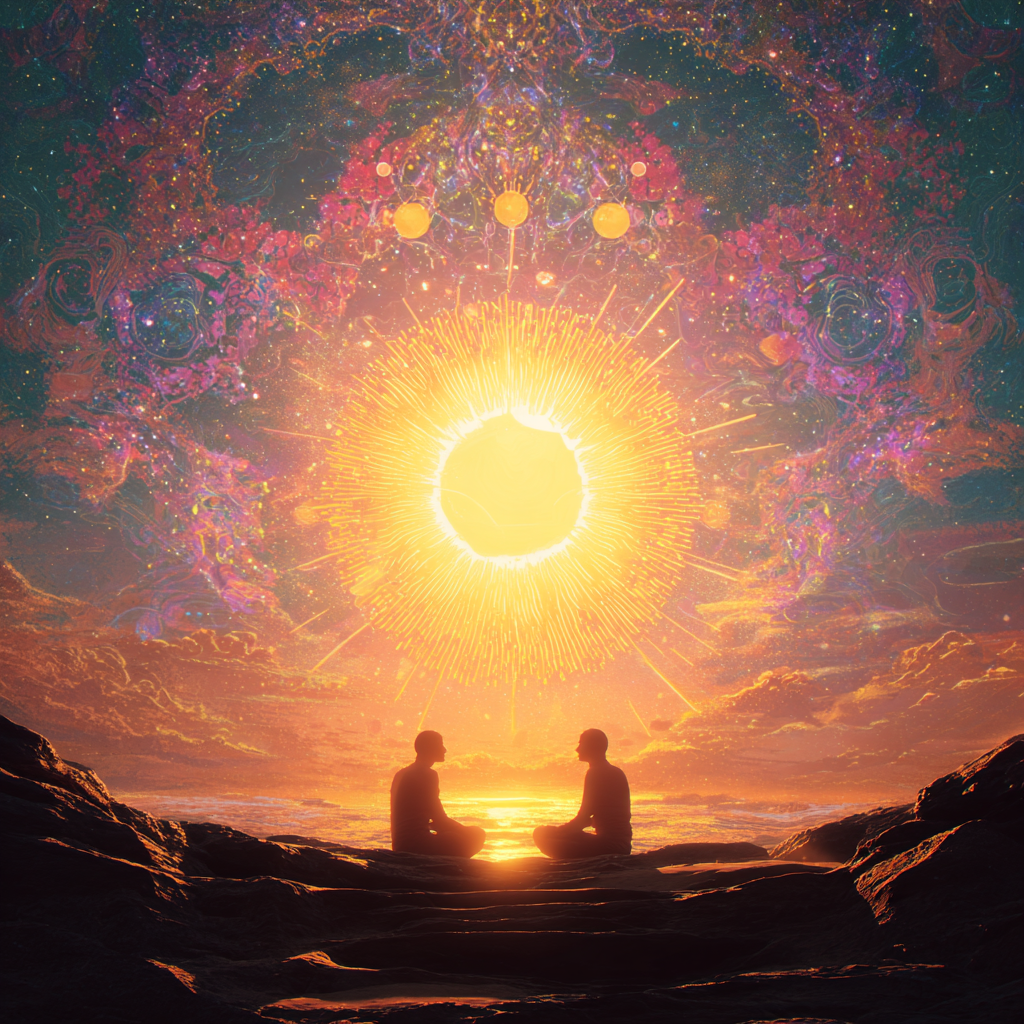 About Relationship Vision — two silhouettes meditating at sunset