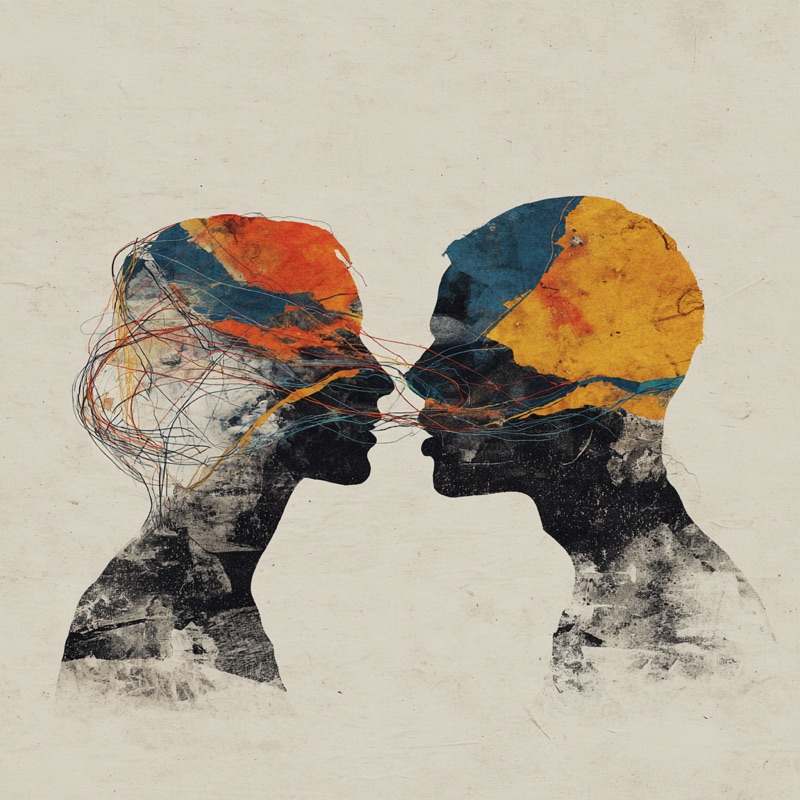 Two people face to face, threads of thought connecting between them