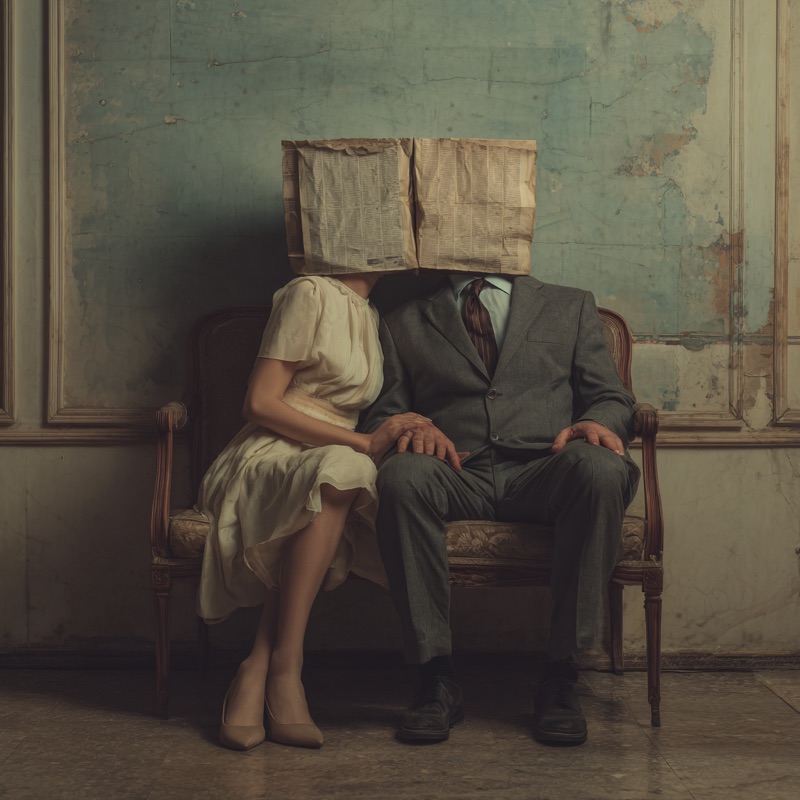 A couple seated side by side, their faces hidden behind an open newspaper