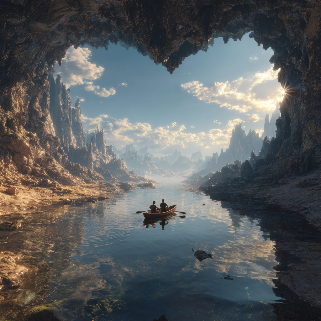 Two people rowing together through a heart-shaped passage