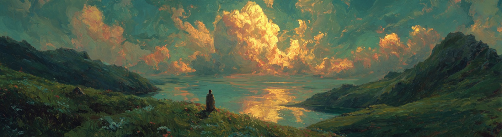 A figure standing on a grassy hillside above the water beneath glowing sunset clouds